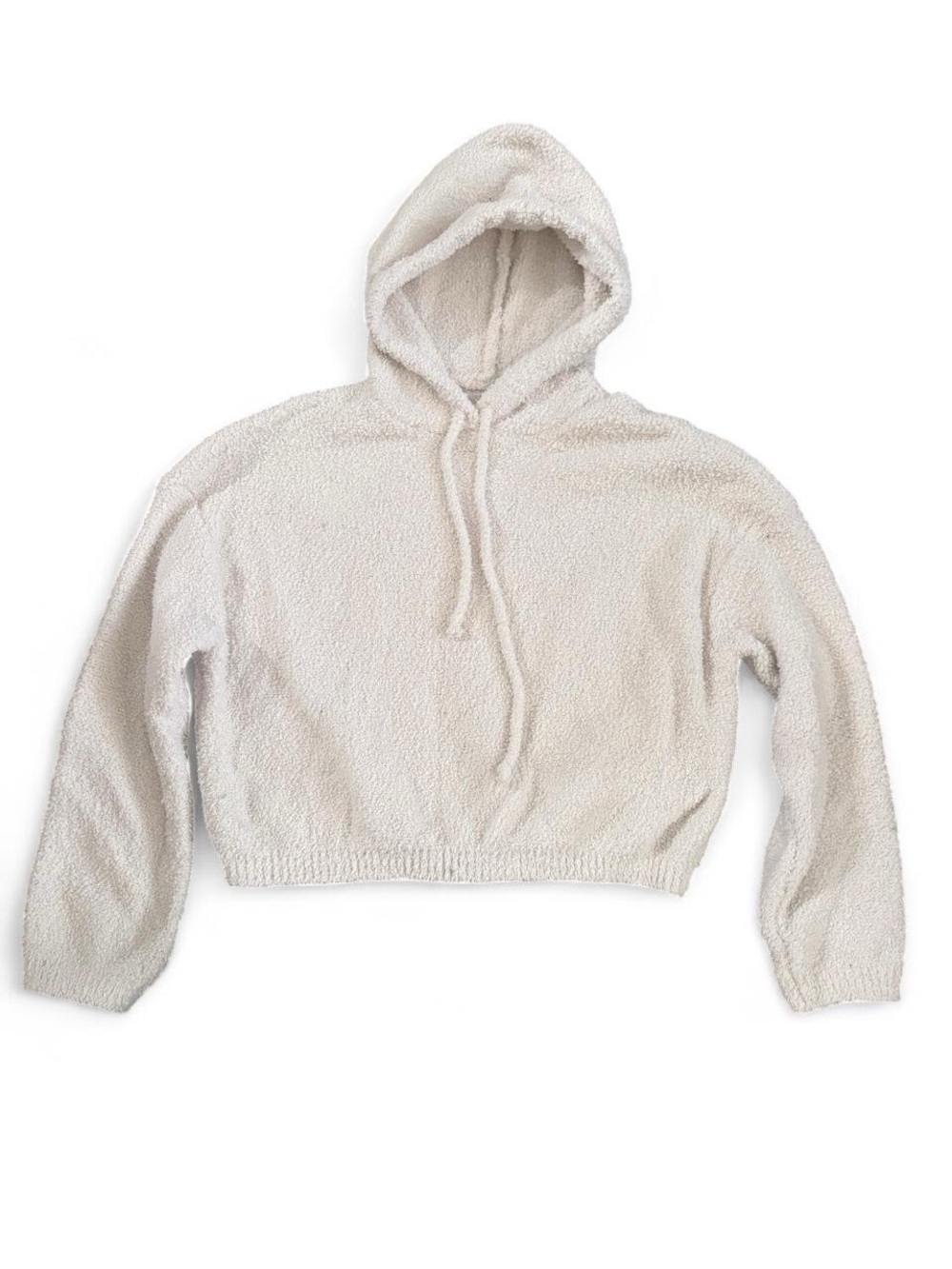 Cream Ivory Fuzzy Sherpa Cropped Plush Knit Hooded Sweater Pullover